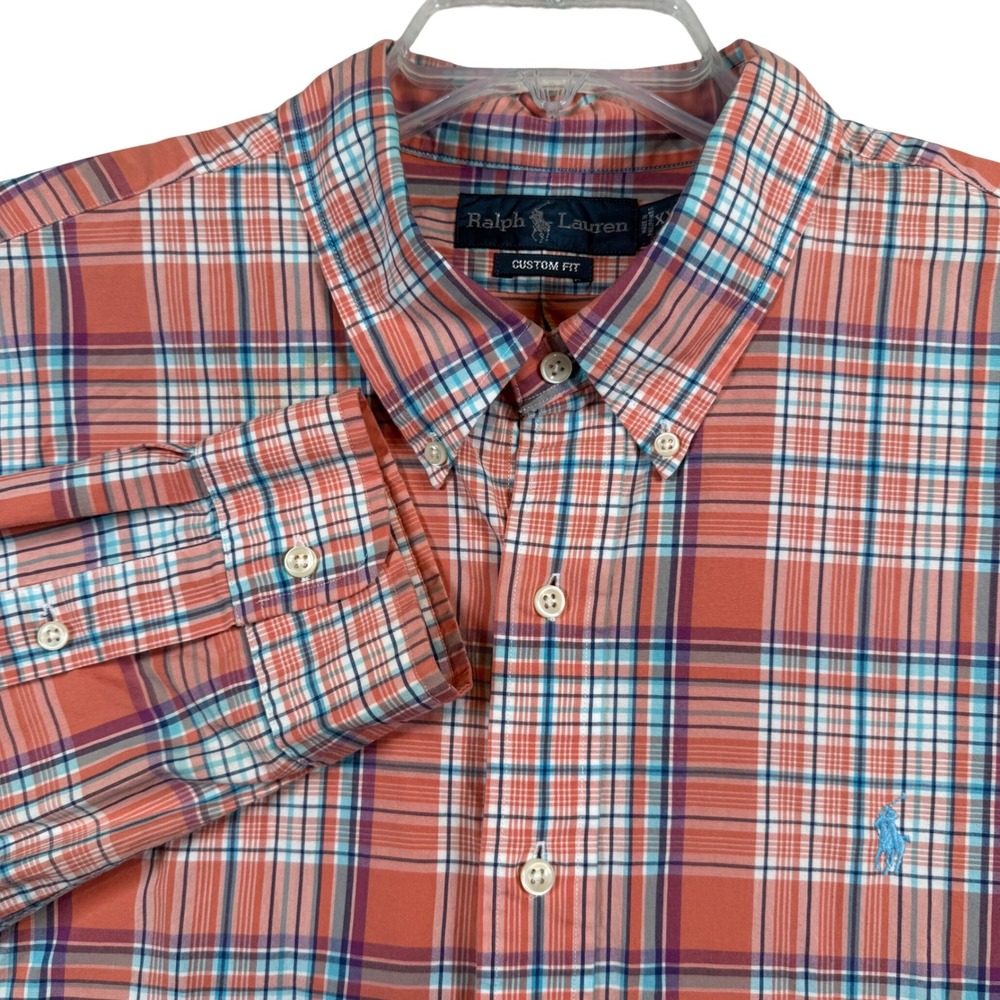 Ralph Lauren Button Down Men XXL Orange Blue Plaid Custom Fit Cotton Shirt